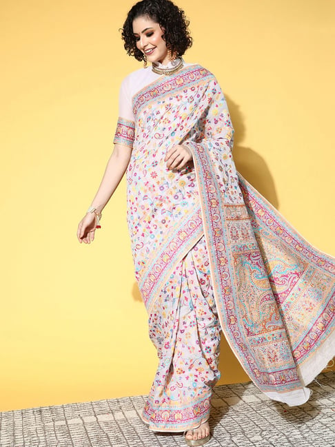 Abstract Blouse With Peach Linen Floral Saree