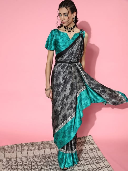 Saree Mall Grey Printed Saree With Unstitched Blouse Price in India