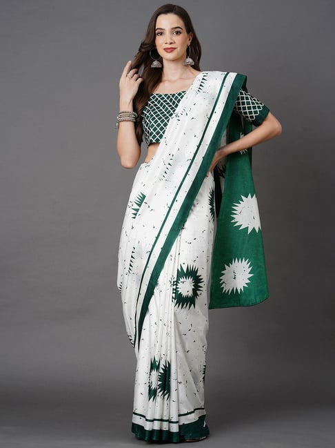 Saree Mall White Printed Saree With Unstitched Blouse Price in India