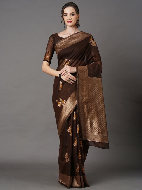 Saree Mall Brown Linen Woven Saree With Unstitched Blouse Price in India
