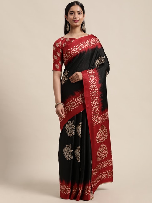Saree Mall Black Printed Saree With Unstitched Blouse Price in India