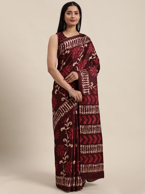 Saree Mall Maroon Floral Print Saree With Unstitched Blouse Price in India
