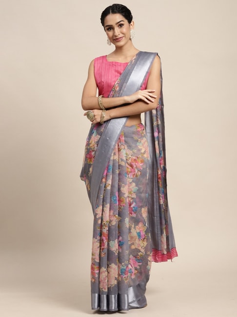 Saree Mall Grey Linen Floral Print Saree With Unstitched Blouse Price in India