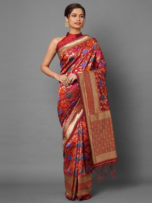 Saree Mall Red Floral Print Saree With Unstitched Blouse Price in India