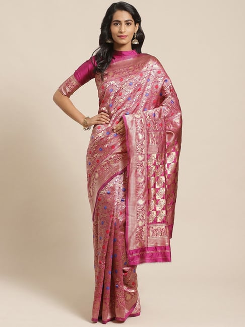 Saree Mall Pink & Golden Woven Saree With Unstitched Blouse Price in India