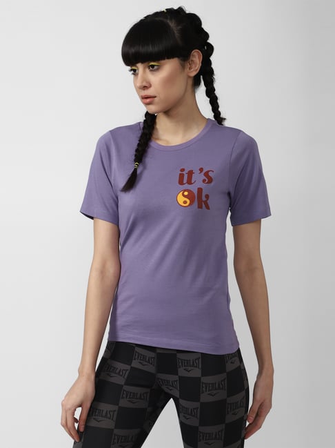 Forever 21 Violet Printed Cotton Crew T-Shirt
