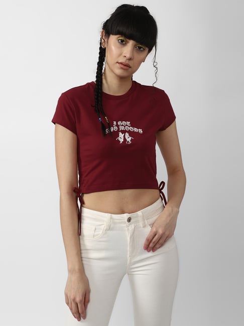 Forever 21 Maroon Embroidered Crop Top Price in India