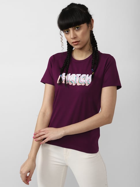 Forever 21 Purple Printed Cotton Crew T-Shirt Price in India