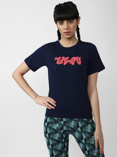 Forever 21 Navy Printed Cotton Crew T-Shirt Price in India