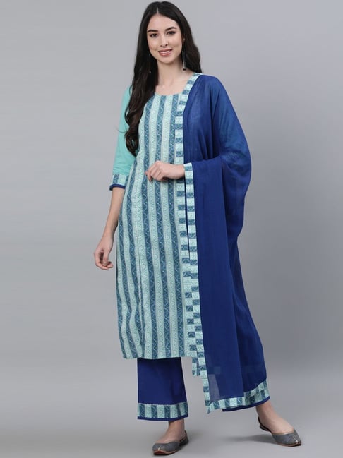 Jaipur Kurti Turquoise & Blue Cotton Printed Kurta Pant Set With Dupatta