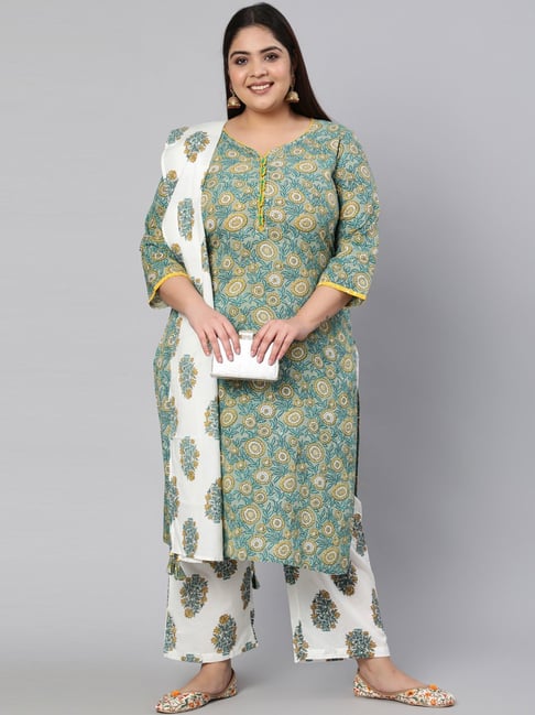 Jaipur Kurti Green & White Cotton Floral Print Kurta Palazzo Set With Dupatta