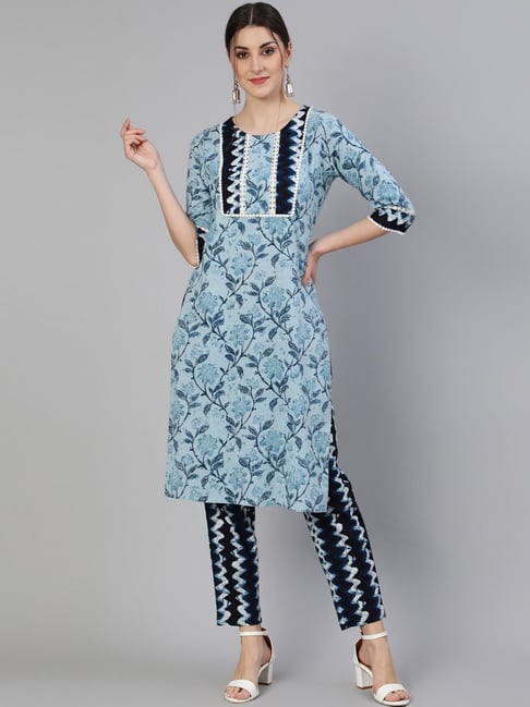 Jaipur Kurti Blue Cotton Printed Kurta Pant Set