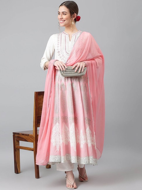 Khushal K Pink & White Cotton Embroidered Anarkali Kurta With Dupatta Price in India