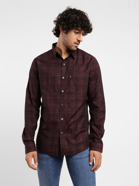 Levis Levi'S Maroon Cotton Slim Fit Checks Shirts