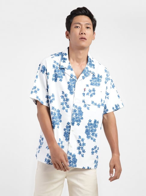 Levis Levi'S White & Blue Cotton Slim Fit Floral Print Shirts