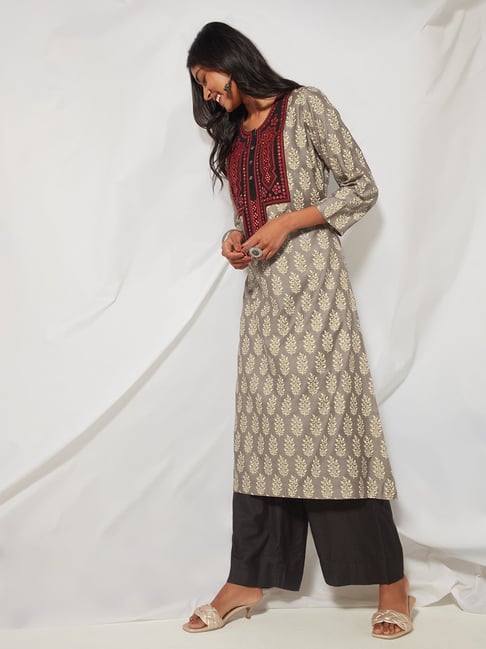 Zuba by Westside Taupe Embroidered A-Line Kurta Price in India