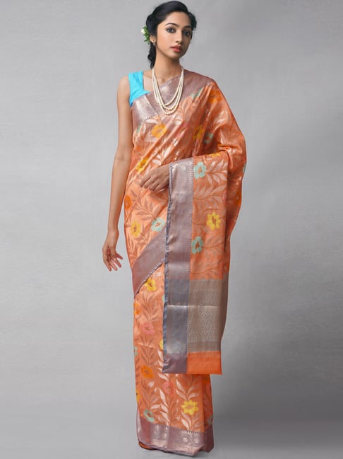 Unnati Silks Orange Silk Cotton Woven Saree With Unstitched Blouse Price in India