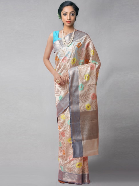 Unnati Silks Peach Silk Cotton Woven Saree With Unstitched Blouse Price in India