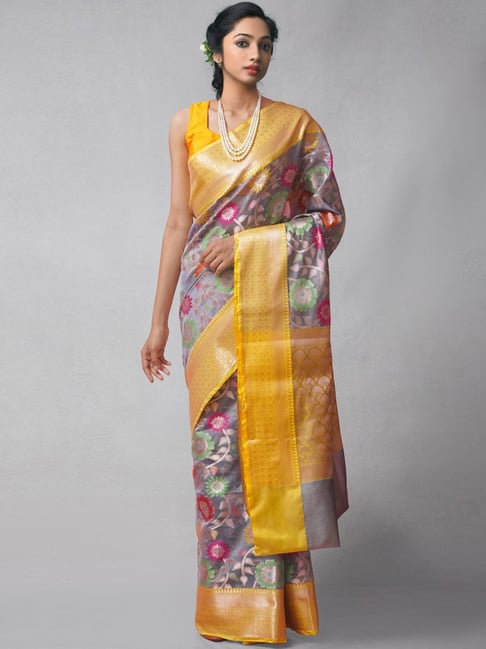 Unnati Silks Grey & Yellow Silk Cotton Woven Saree With Unstitched Blouse Price in India