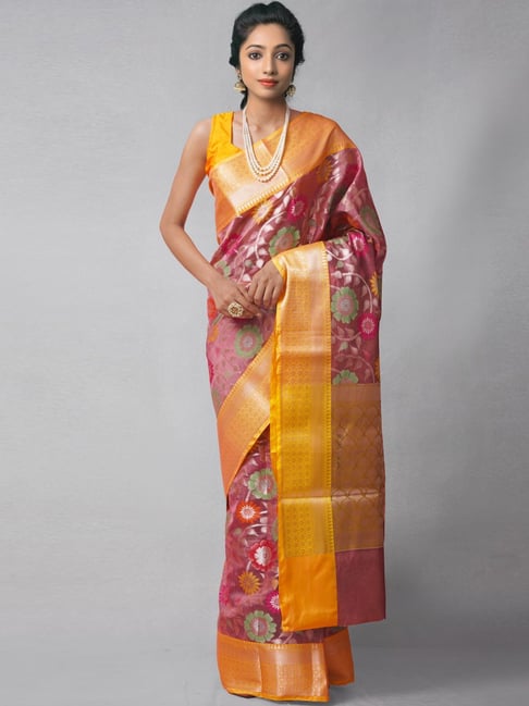 Unnati Silks Pink & Yellow Silk Cotton Woven Saree With Unstitched Blouse Price in India