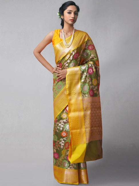 Unnati Silks Green & Yellow Silk Cotton Woven Saree With Unstitched Blouse Price in India