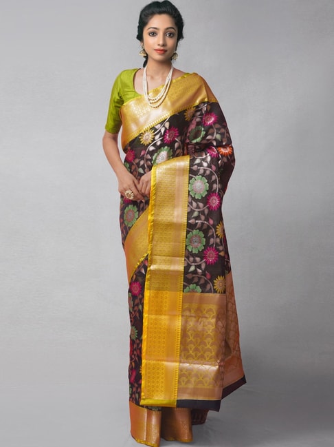 Unnati Silks Black & Yellow Silk Cotton Woven Saree With Unstitched Blouse Price in India