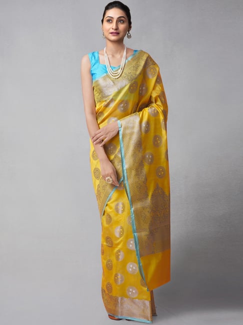 Unnati Silks Yellow Silk Cotton Woven Saree With Unstitched Blouse Price in India