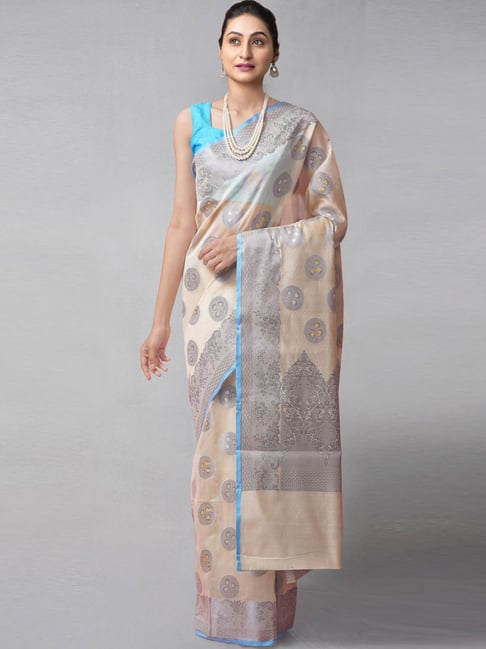 Unnati Silks Cream Silk Cotton Woven Saree With Unstitched Blouse Price in India