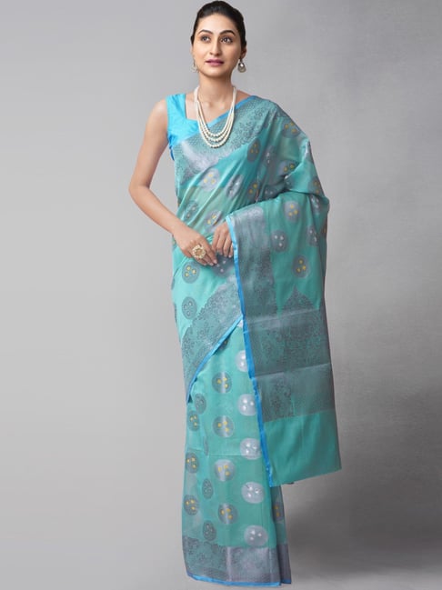 Unnati Silks Turquoise Silk Cotton Woven Saree With Unstitched Blouse Price in India