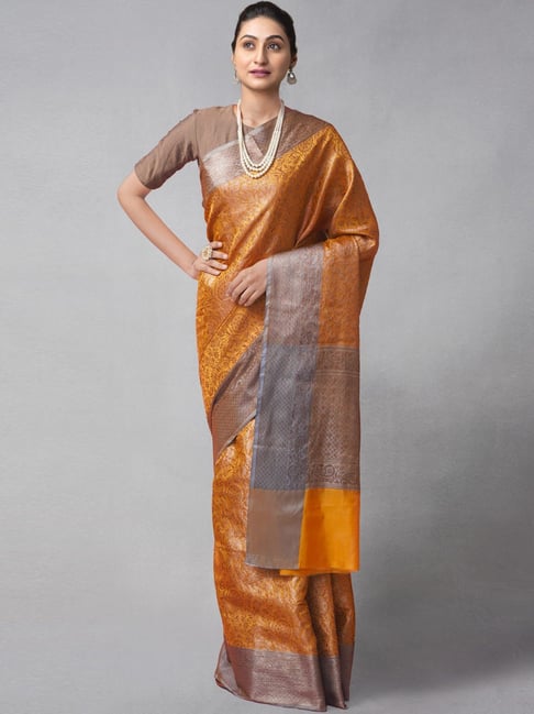 Unnati Silks Rust Silk Cotton Woven Saree With Unstitched Blouse Price in India