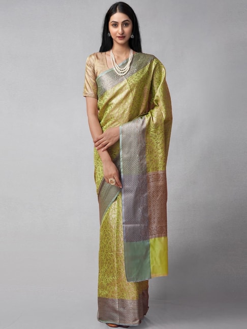 Unnati Silks Green Silk Cotton Woven Saree With Unstitched Blouse Price in India