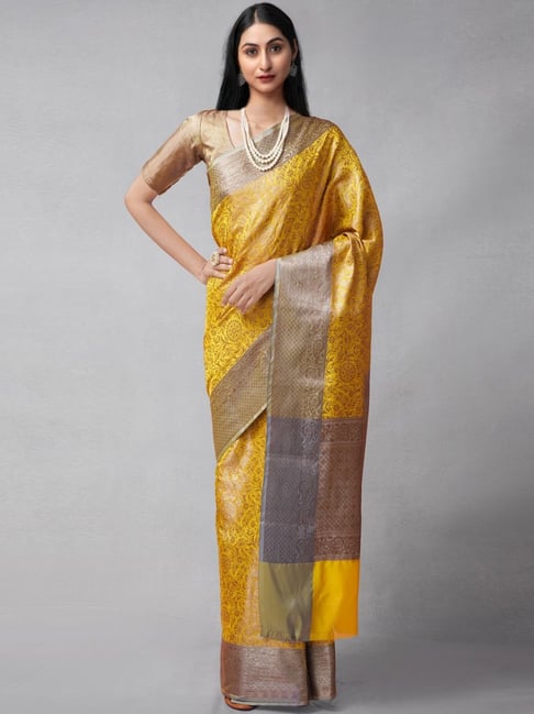 Unnati Silks Yellow Silk Cotton Woven Saree With Unstitched Blouse Price in India