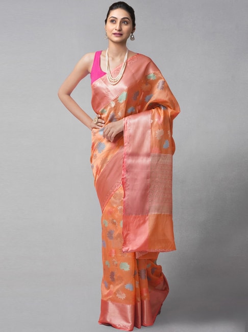 Unnati Silks Orange Silk Cotton Woven Saree With Unstitched Blouse Price in India