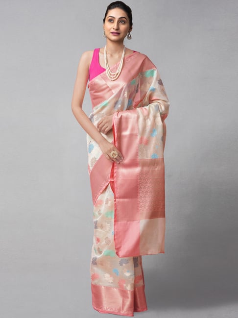 Unnati Silks Cream & Pink Silk Cotton Woven Saree With Unstitched Blouse Price in India