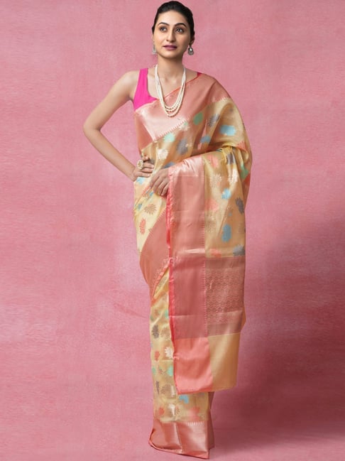 Unnati Silks Cream Silk Cotton Woven Saree With Unstitched Blouse Price in India