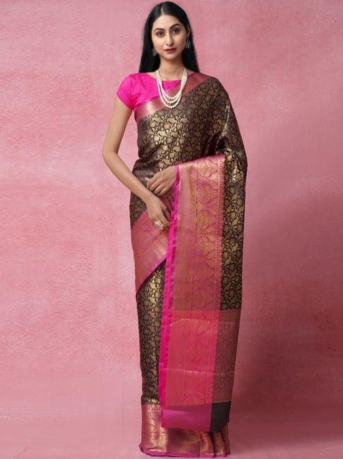 Unnati Silks Black Silk Cotton Woven Saree With Unstitched Blouse Price in India