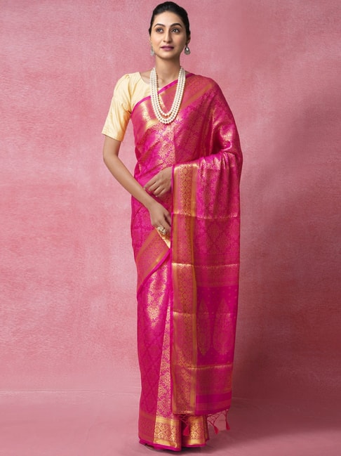 Unnati Silks Pink Silk Cotton Woven Saree With Unstitched Blouse Price in India
