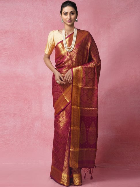 Unnati Silks Purple Silk Cotton Woven Saree With Unstitched Blouse Price in India