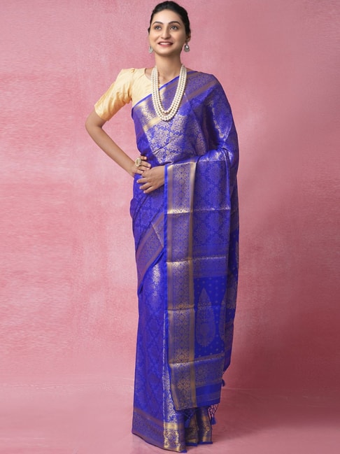 Unnati Silks Royal Blue Silk Cotton Woven Saree With Unstitched Blouse Price in India