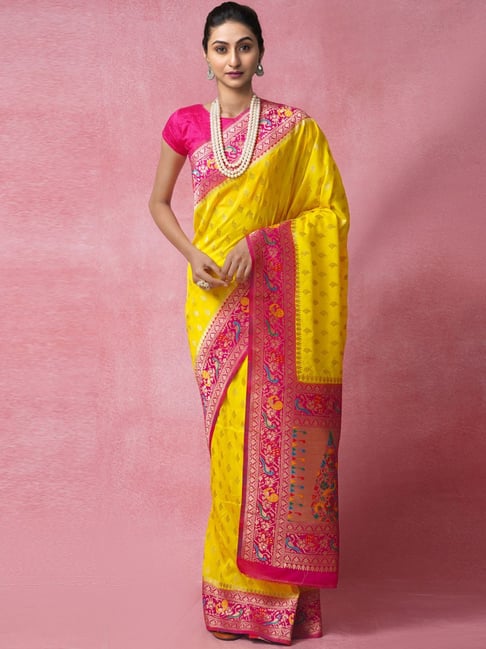 Unnati Silks Yellow Silk Woven Saree With Unstitched Blouse Price in India
