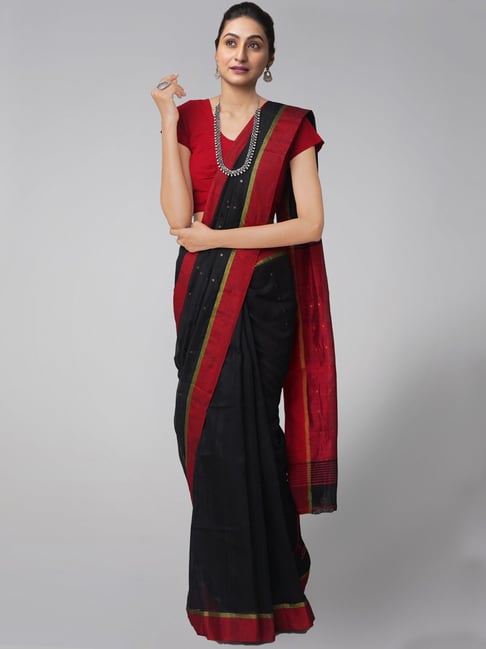 Unnati Silks Black Linen Embellished Saree With Unstitched Blouse Price in India
