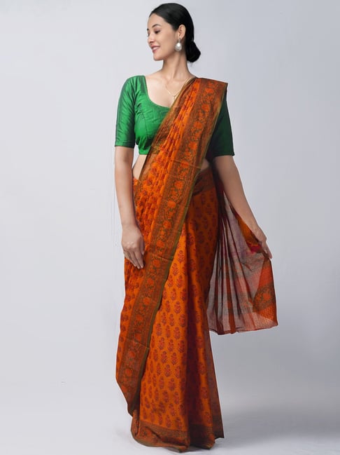 Unnati Silks Orange Cotton Printed Saree With Unstitched Blouse Price in India