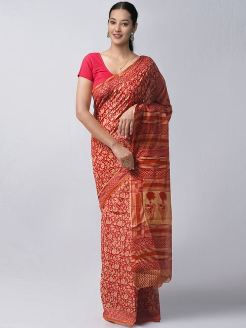 Unnati Silks Red & Peach Cotton Printed Saree With Unstitched Blouse Price in India