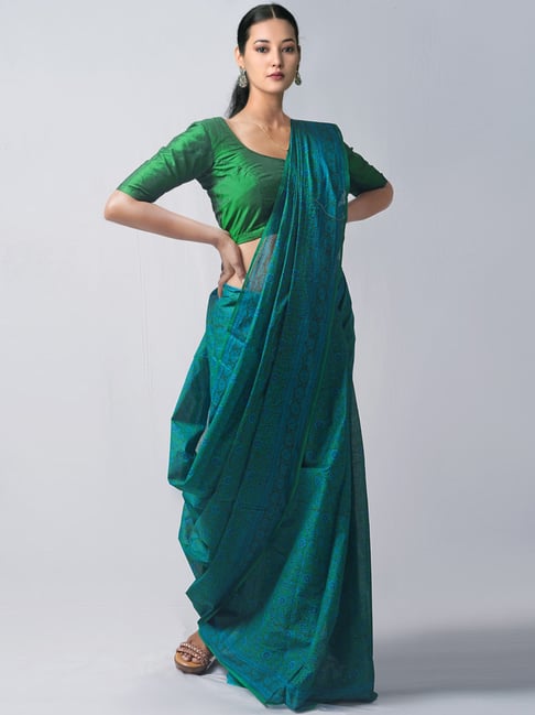 Unnati Silks Green & Blue Cotton Printed Saree With Unstitched Blouse Price in India