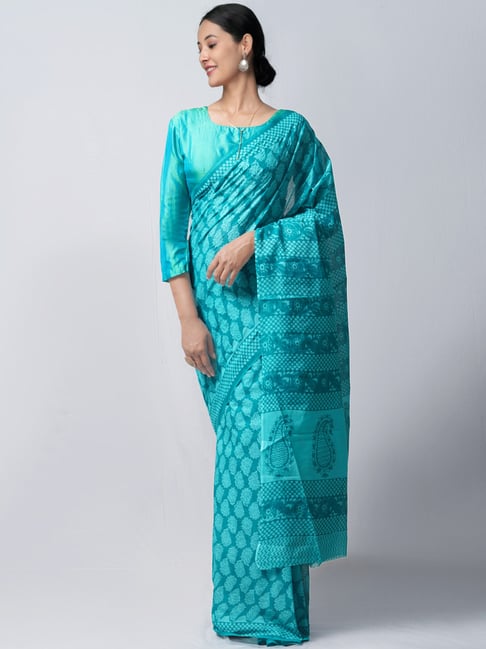 Unnati Silks Turquoise Cotton Printed Saree With Unstitched Blouse Price in India