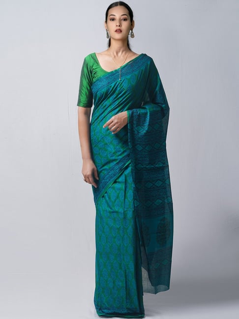 Unnati Silks Green & Blue Cotton Printed Saree With Unstitched Blouse Price in India
