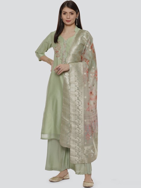 Buy Pista Green Chanderi Hand Embroidered Unstitched Suit Set (Kurta,  Bottom, Dupatta) for N/A0.0 | Biba India