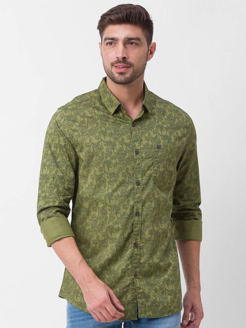 Spykar Green Cotton Slim Fit Printed Shirt