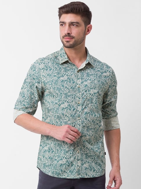 Spykar Green Cotton Slim Fit Printed Shirt