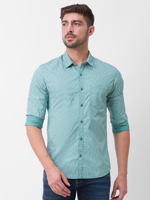 Spykar Green Cotton Slim Fit Printed Shirt